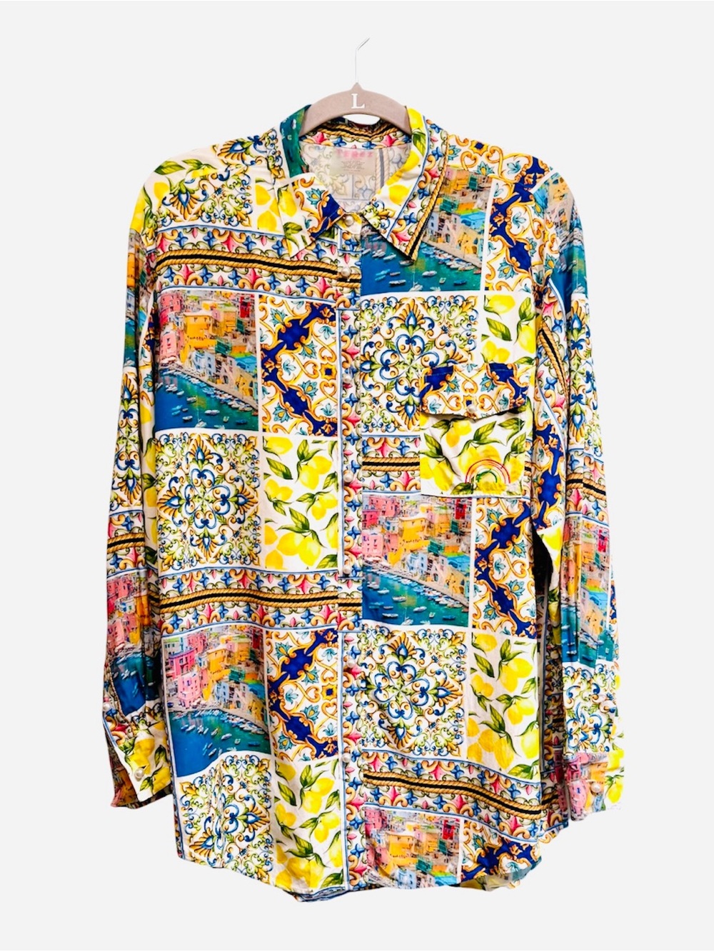 Terez Amalfi Coast Patchwork Print Long Sleeve Blouse Top, Size Medium